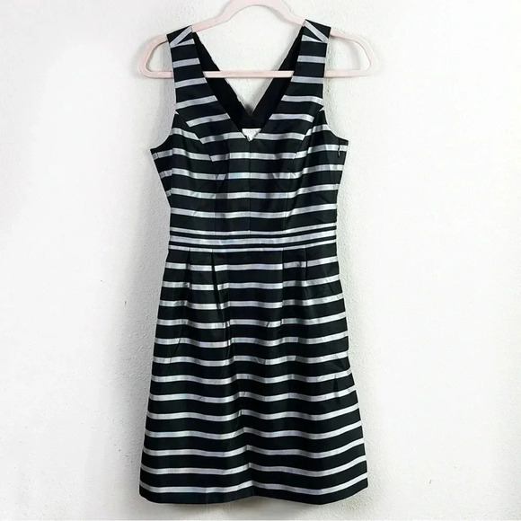 J. Crew Fit & Flare Black w/ Metallic Silver Stripes V-neck Mini Dress size 2 - Picture 1 of 13